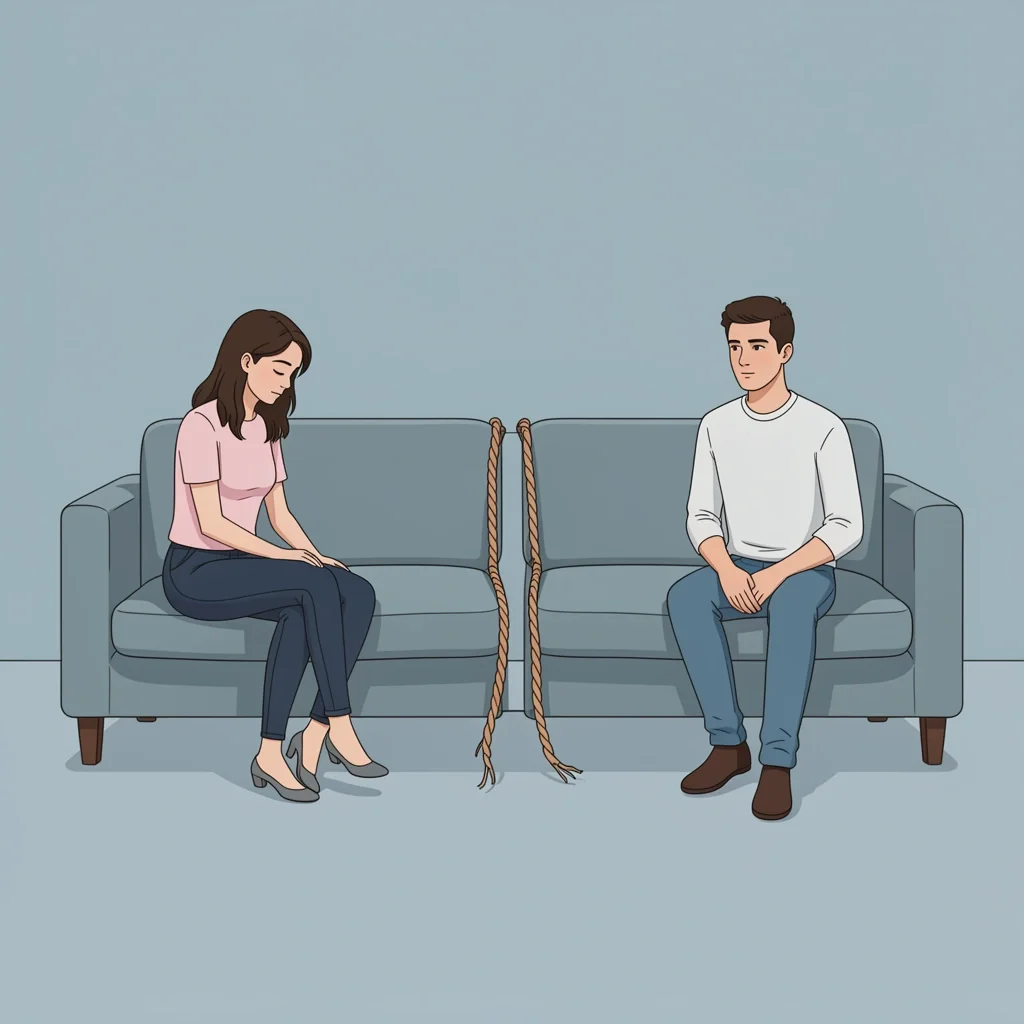 Signs of Relationship Distance Prompting Counseling Couple sitting apart on a couch with a fraying rope between them, illustrating relationship distance