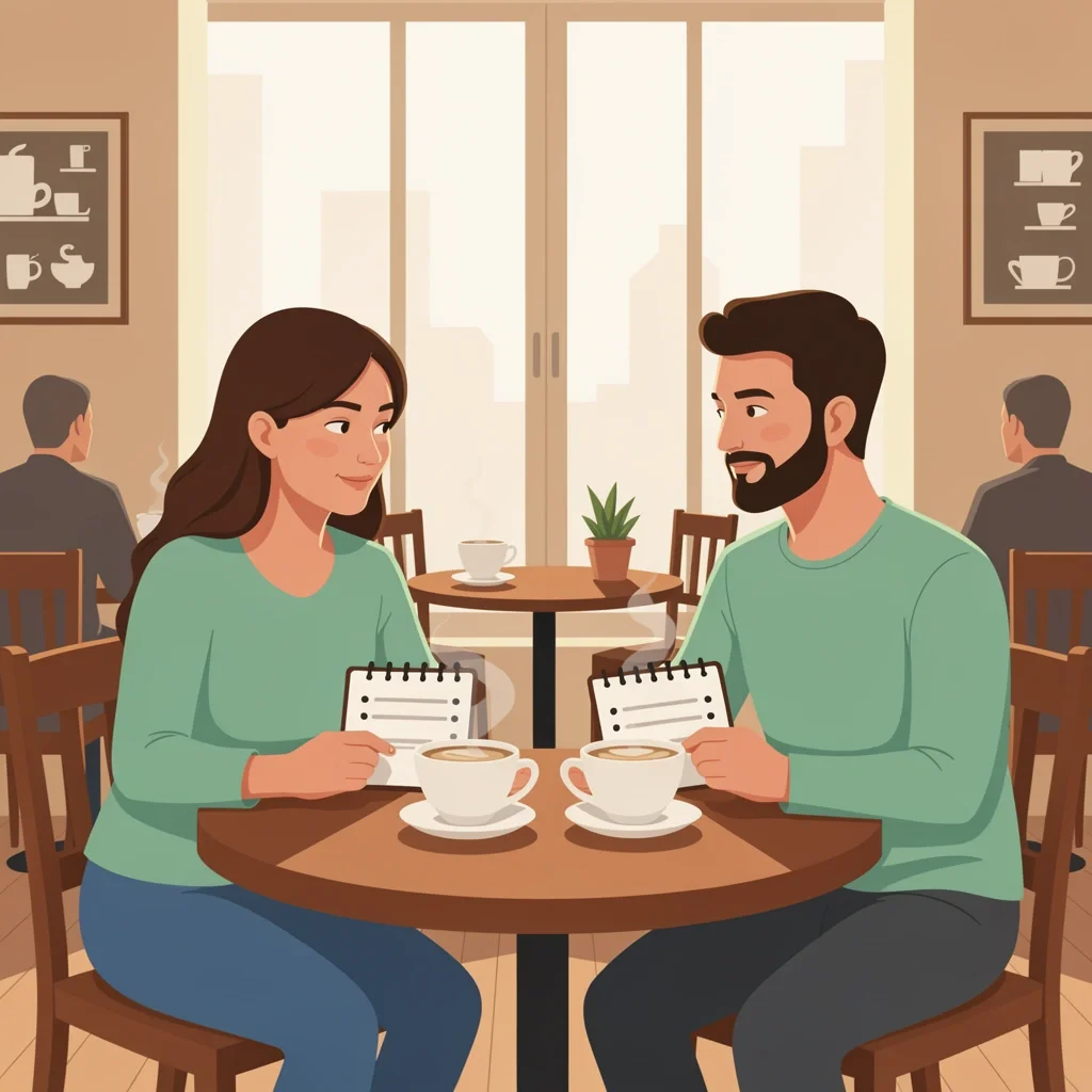Couple having a structured conversation about continuing marriage counseling at a coffee shop