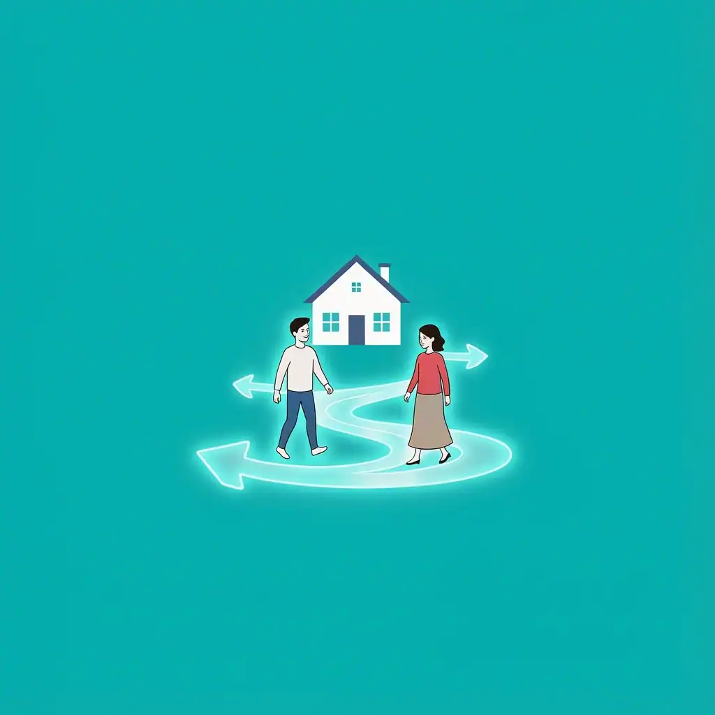 Leaving and Cleaving in Engagement Couple stepping away from family house toward each other on glowing path representing leaving and cleaving