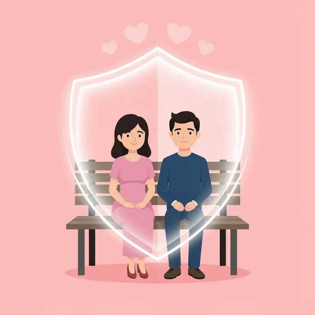 Purity and Boundaries in Engagement Couple sitting on bench protected by glowing shield symbolizing purity and boundaries during engagement