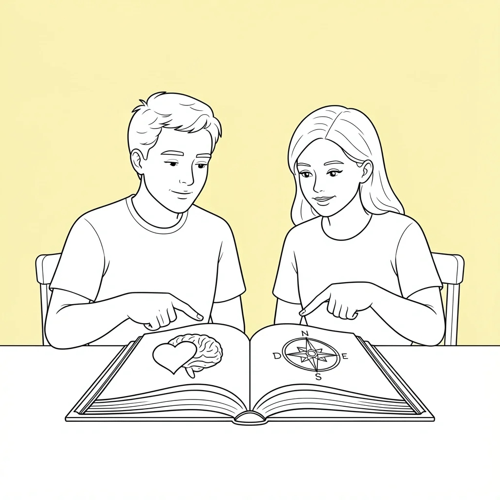Couple Researching Marriage Therapy Approaches Couple researching therapy approaches by looking at a book with heart, brain, and compass icons