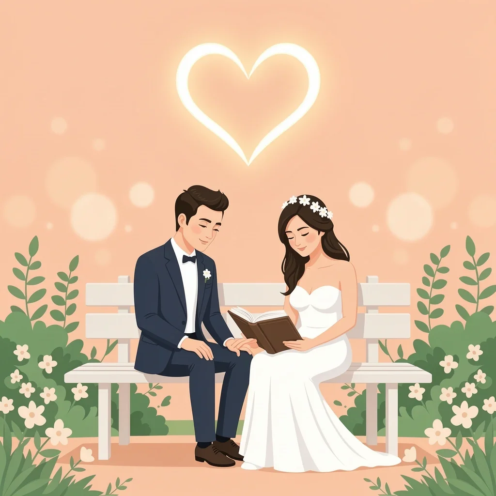 A bride and groom sitting together, reading a wedding day devotional in a peaceful garden setting