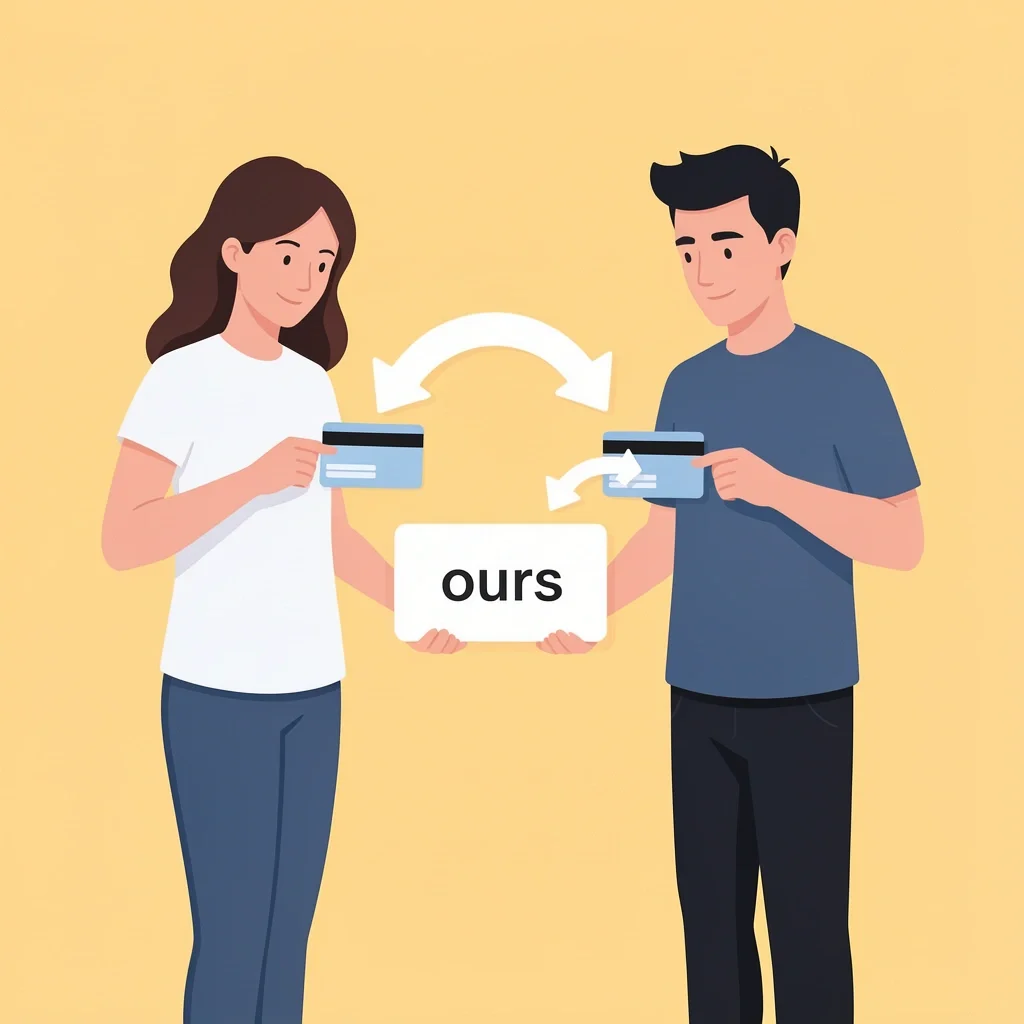 Couples Shared Expense System Couple with personal cards and a shared 'ours' card showing proportional contributions