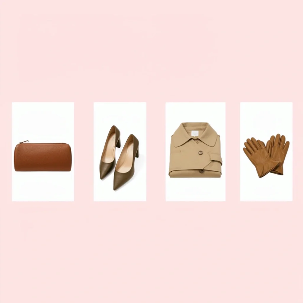 Courthouse Wedding Accessories Flat lay of clutch, block-heel pumps, trench coat, and gloves for courthouse wedding guest accessories