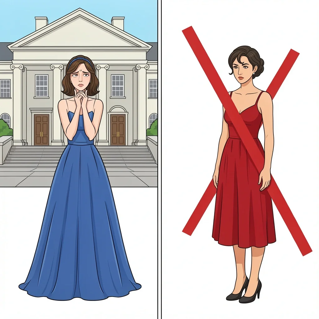 Common Courthouse Attire Mistakes Two mismatched outfits: evening gown at daytime and sundress at evening, common courthouse wedding guest mistakes