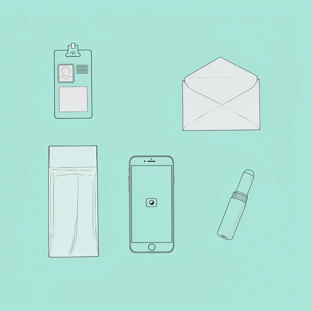 What to Bring Courthouse Wedding Flat lay of ID, gift card, tissues, smartphone, and lipstick for courthouse wedding guest essentials