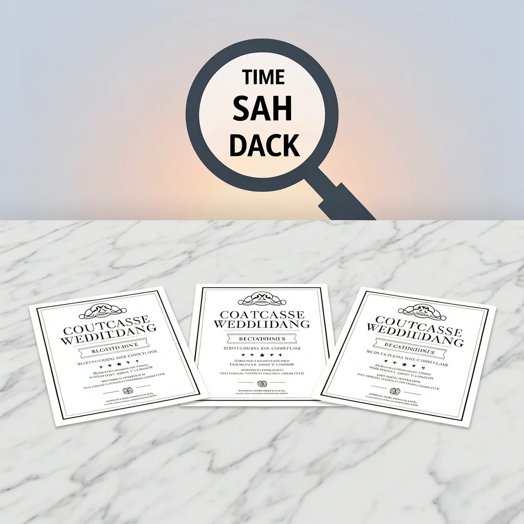 Decoding Courthouse Wedding Invitation Three wedding invitations with magnifying glass indicating time, location, and reception plans for formality level
