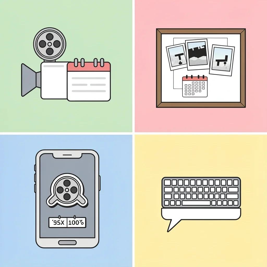 Four-panel illustration showing creative Facebook post formats: video, photo collage, story with stickers, and text-only post