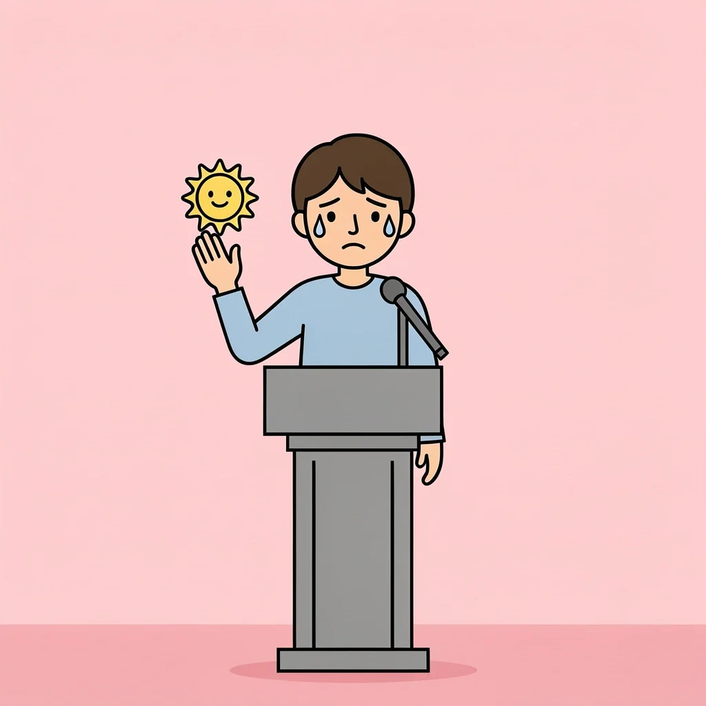 Crying Speech Emotional Moment Speaker with single tear at podium holding up hand with smiling sun icon above