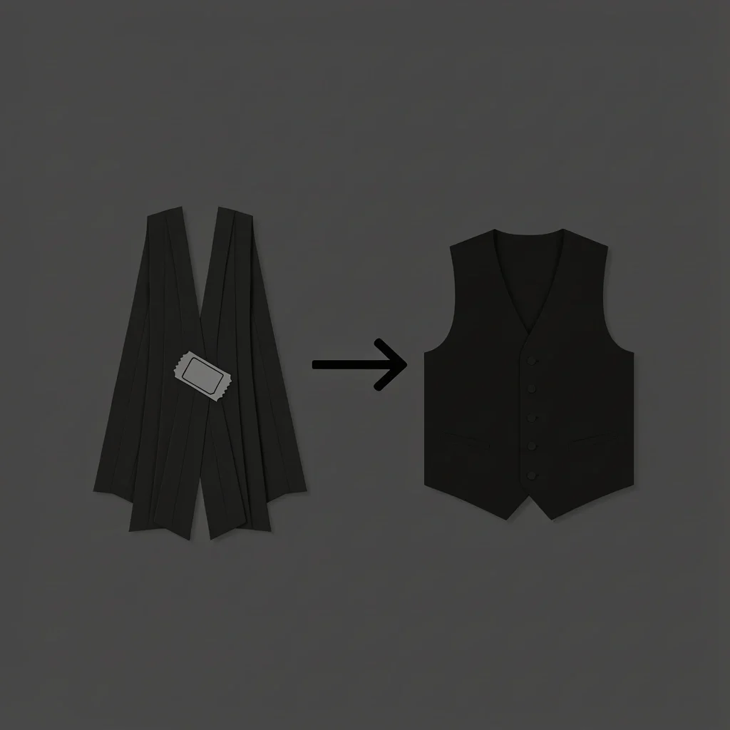 Cummerbund and Vest Comparison Flat lay of a black cummerbund with pleats and a low-cut black vest on a charcoal background with an arrow icon between them.