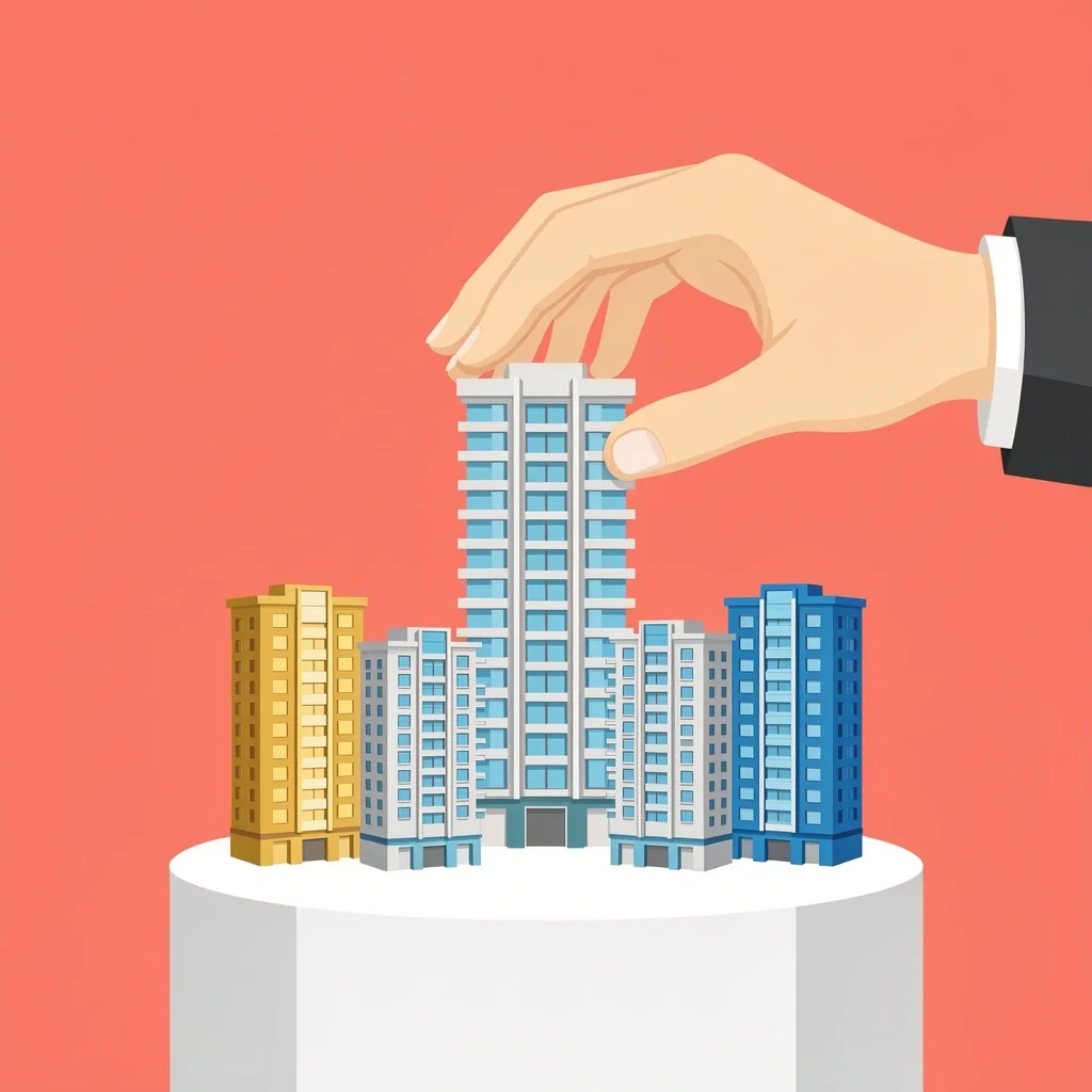 Curated Hotel Selection Illustration Hand selecting a miniature hotel model from a curated collection