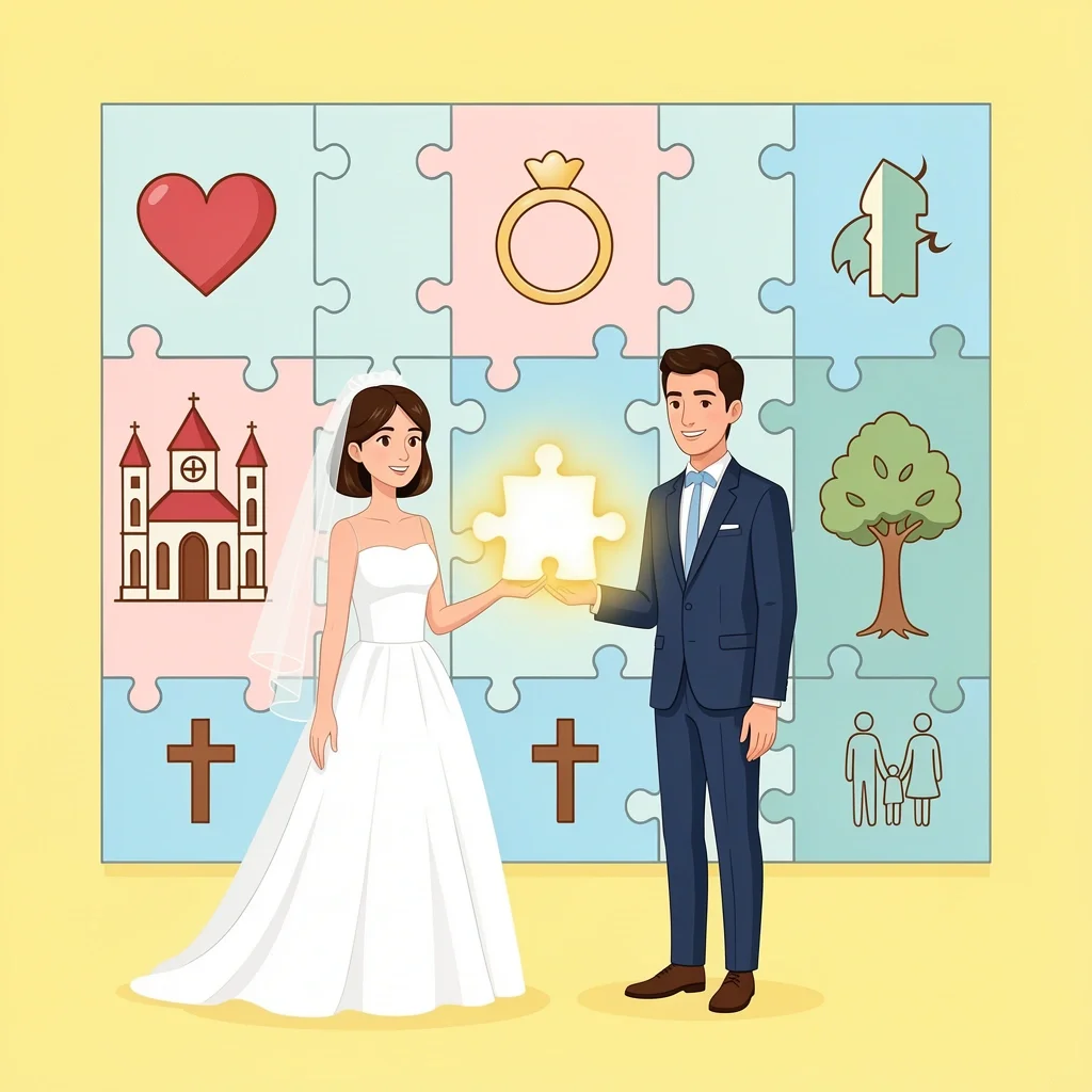 Personalizing Wedding Day Devotional Bride and groom adding a glowing puzzle piece to a wall of symbols representing faith, love, and family