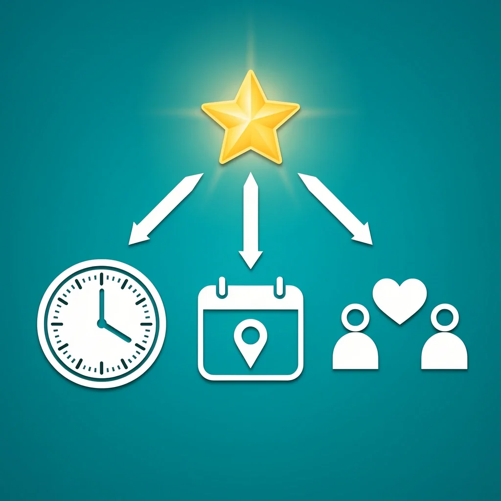 Real-Life Constraints Filter Decision Tree Icons Three icons representing time commitment, planning required, and relationship context with arrows pointing upward