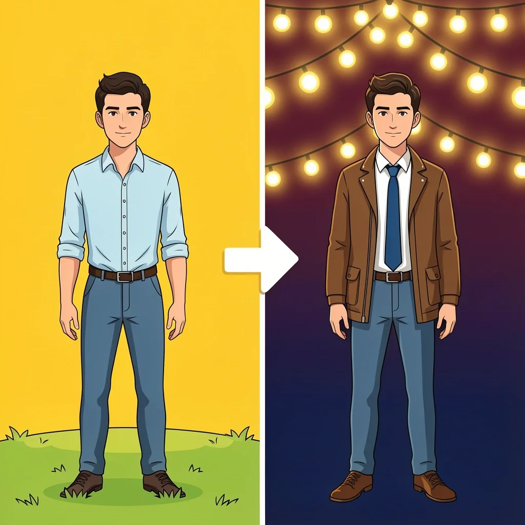 Day Night Outfit Transition Split illustration showing daytime casual and evening formal outfit for backyard wedding