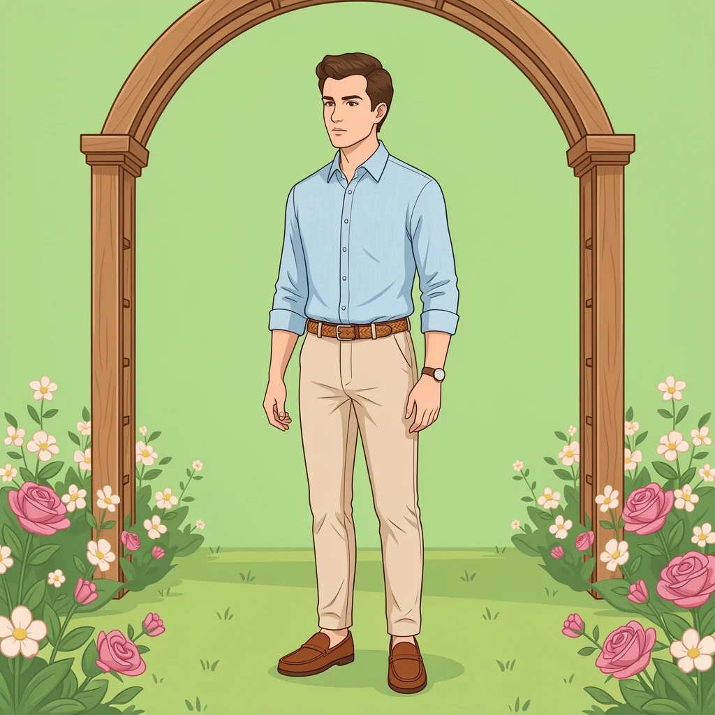 Garden Wedding Blazer-Free Outfit Man in linen shirt and chinos at daytime garden wedding without blazer