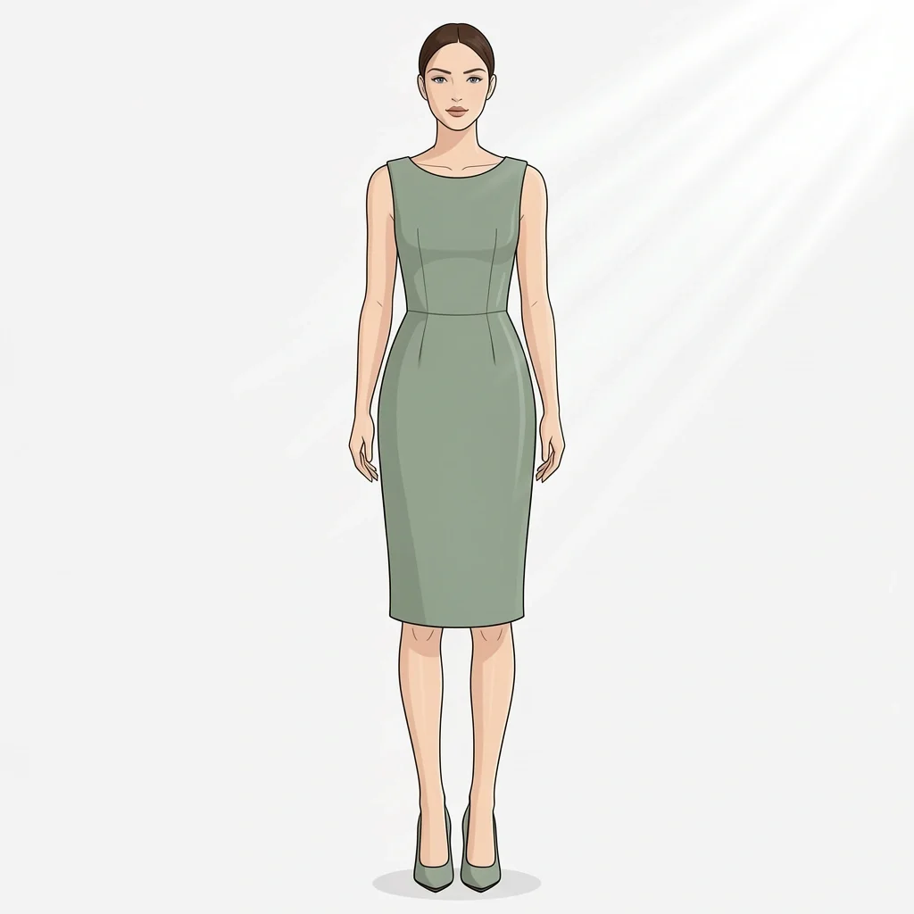 Daytime Sheath Dress Courthouse Wedding Sage green crepe sheath dress with block-heel pumps for daytime courthouse wedding guest outfit