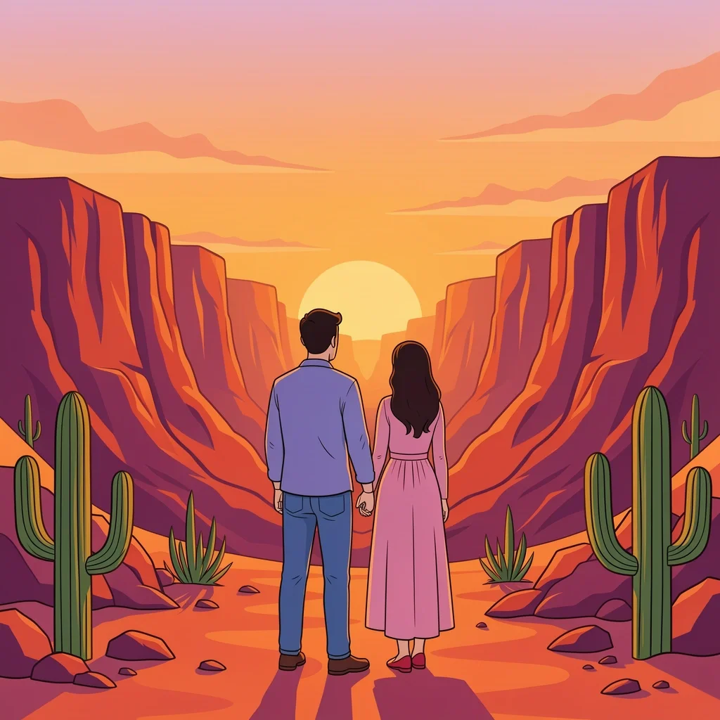Desert Canyon Elopement Couple eloping in a Texas desert canyon with cacti and sunset sky