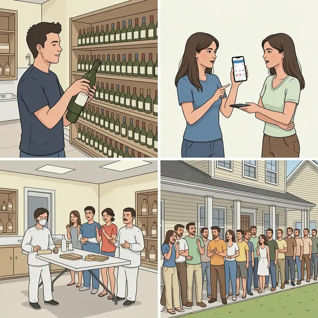 DIY Wedding Lessons from Couples Four illustrations showing common DIY wedding mistakes: running out of wine, music dispute, morning setup panic, and restroom line