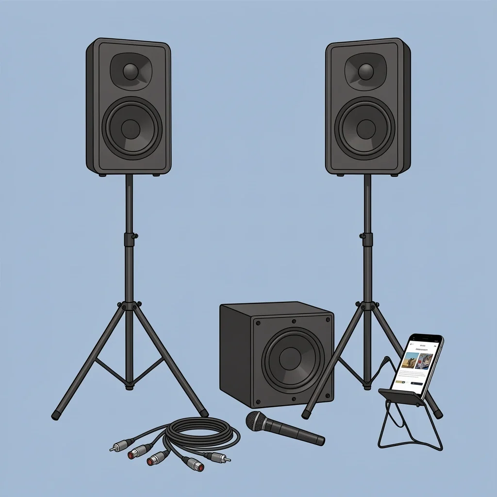 DIY Wedding Sound Equipment Essential sound equipment for a DIY wedding: two speakers on stands, subwoofer, microphone, cables, and phone