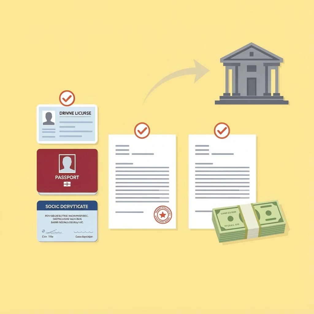Required Documents for Marriage License Flat-lay of required documents for marriage license including ID, birth certificate, divorce decree, and payment