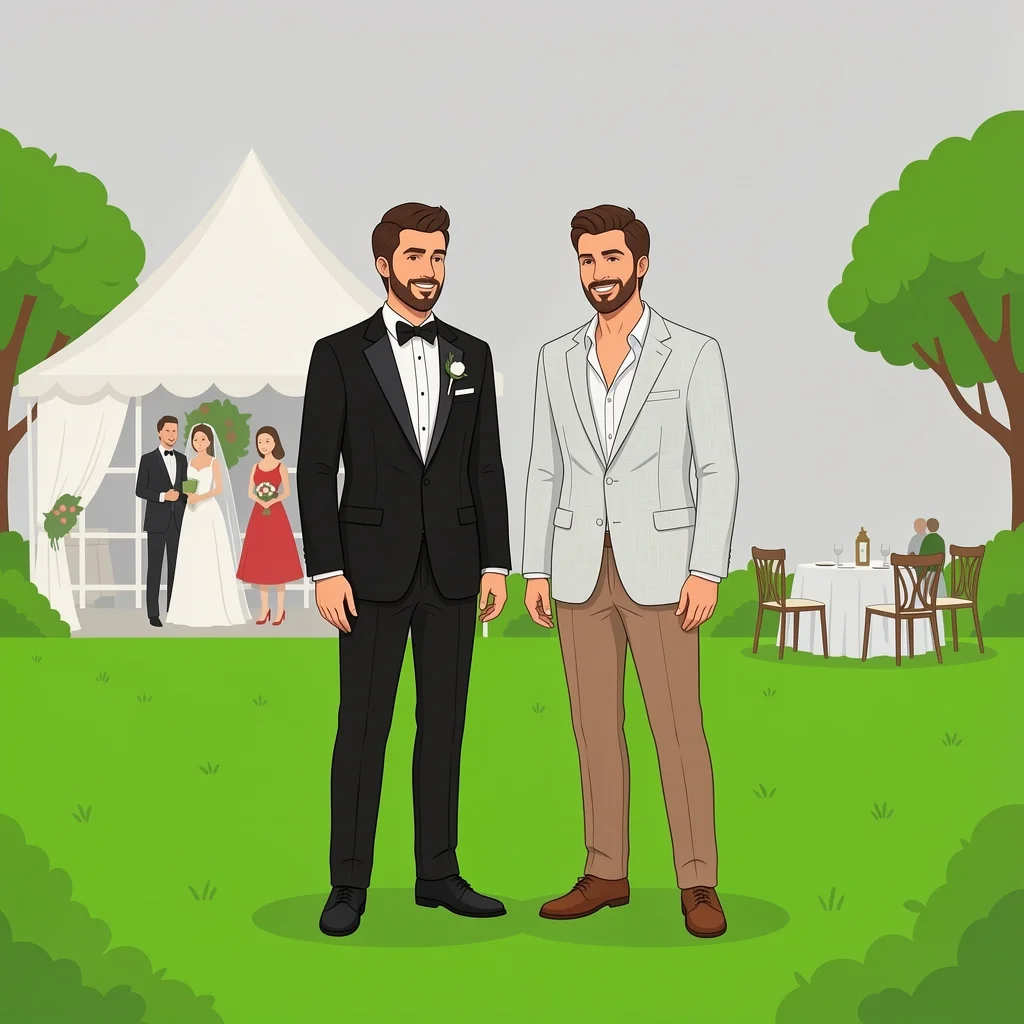 Dress Code Respect for Hosts Comparison of over-formal tuxedo and appropriate linen blazer at backyard wedding