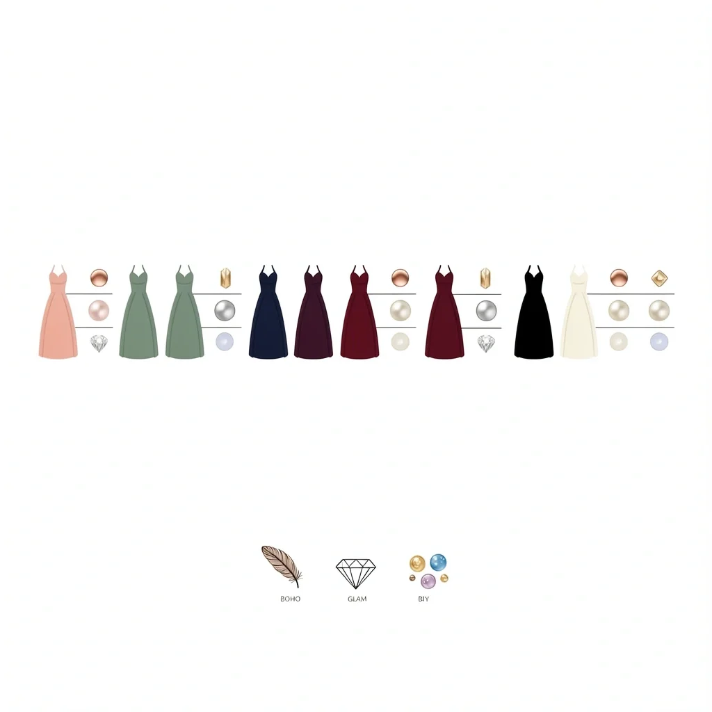 Dress Color and Wedding Theme Accessory Matching Seven dress colors with matching metal and stone icons plus boho, glam, and minimalist wedding theme icons with accessory clusters