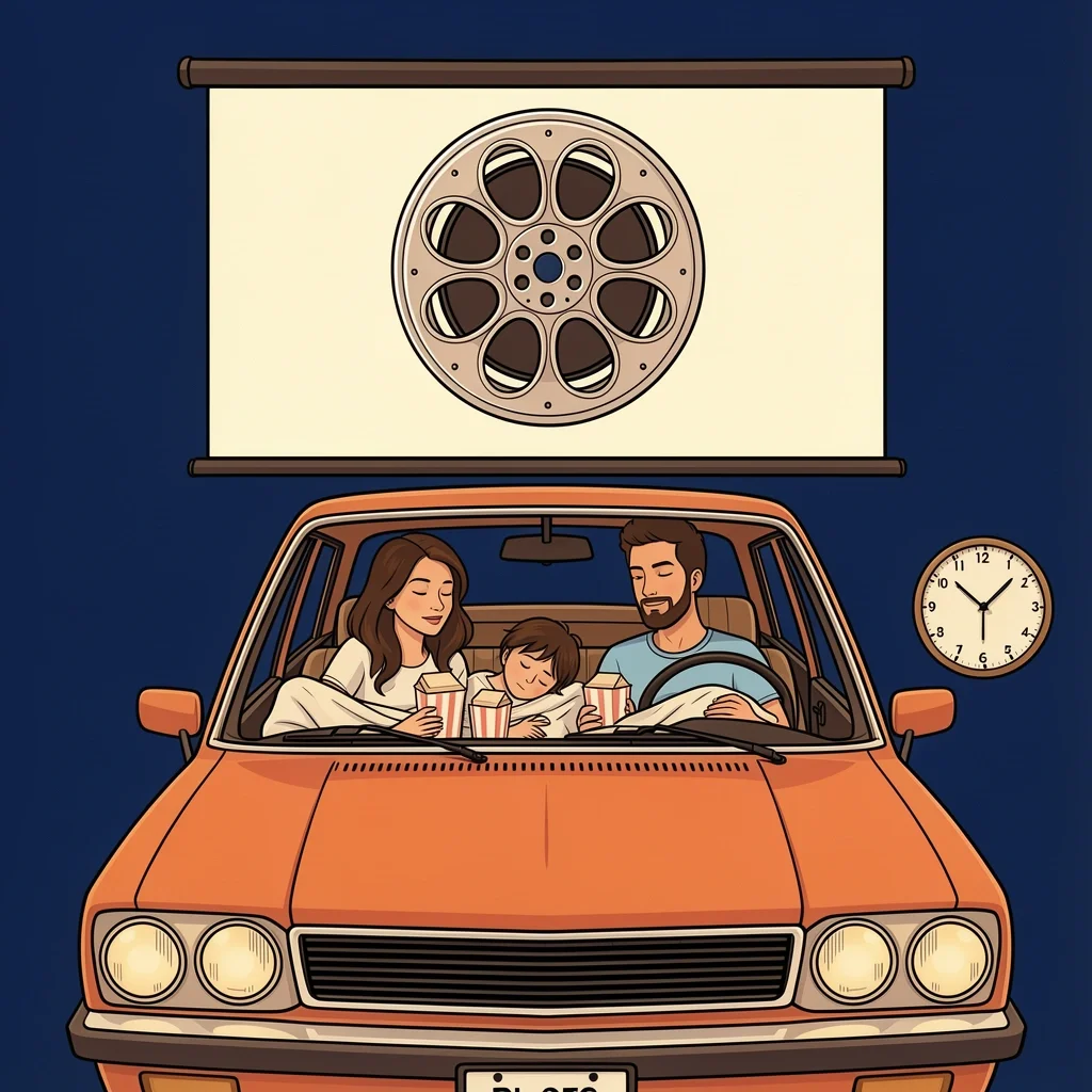 Kids-Friendly Drive-In Date Night in Atlanta Couple enjoying a drive-in movie date while their children sleep in the back seat