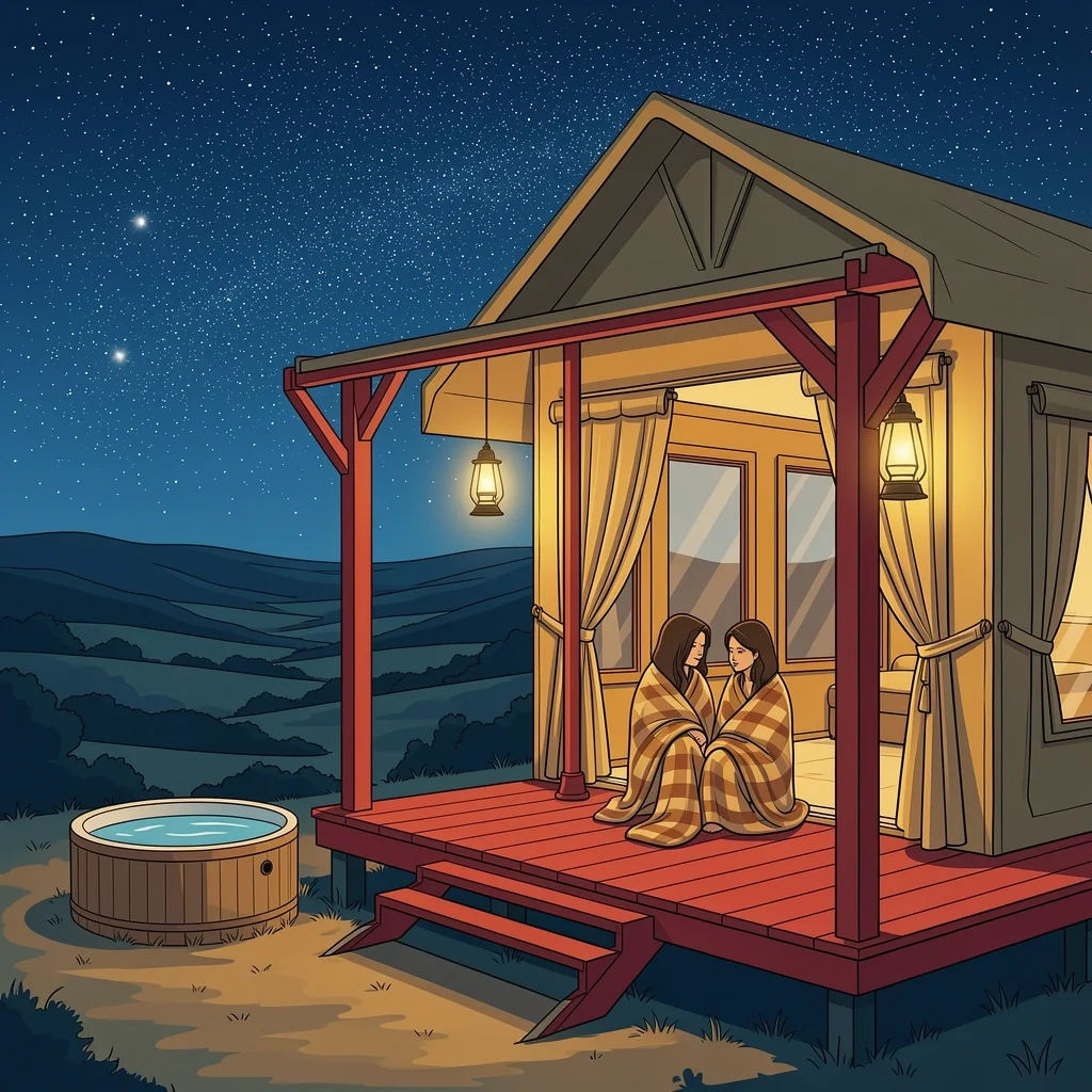 Dunya Camp Glamping Romance Luxury safari tent at Dunya Camp with hot tub and stargazing couple