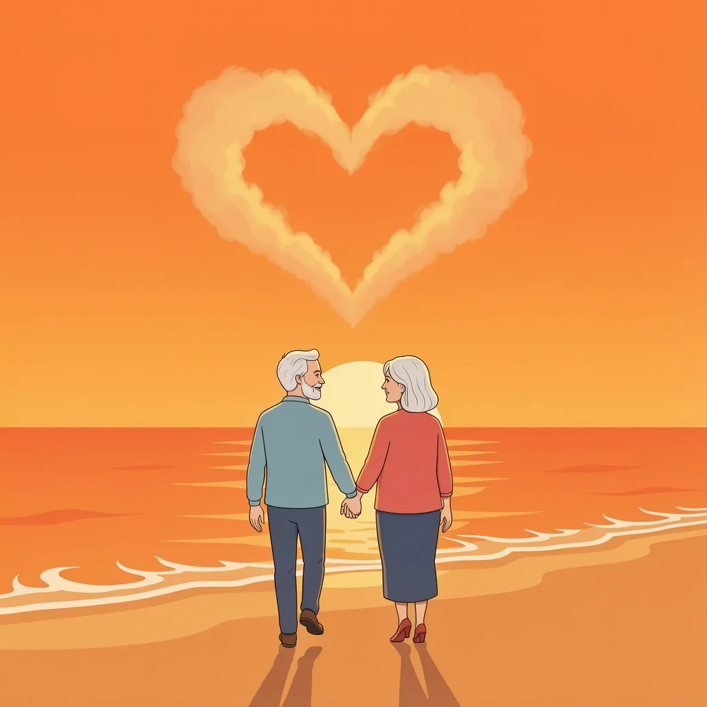 Lifelong Marriage Joy An elderly couple walking hand-in-hand on a beach at sunset, symbolizing lifelong joy in marriage.
