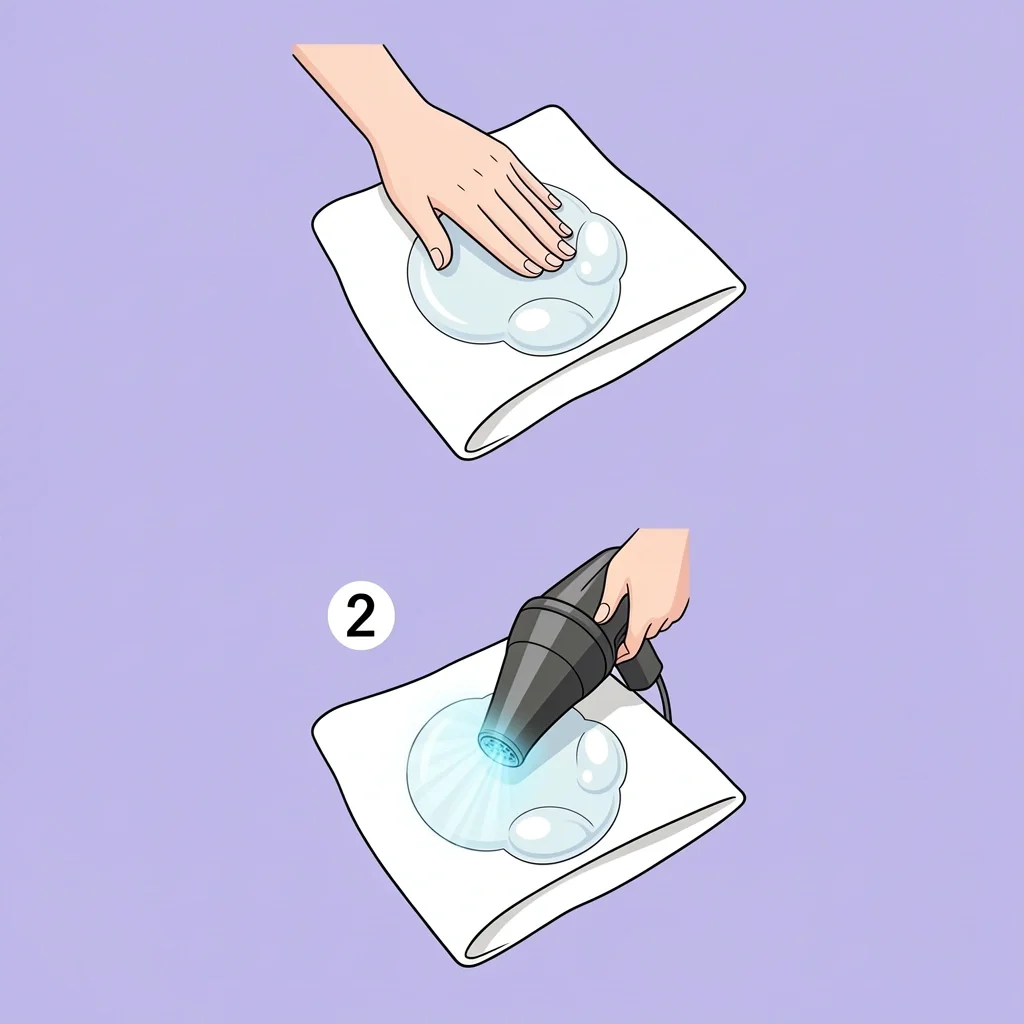 Emergency Bubble Stain Removal Steps Step-by-step illustration of removing a bubble stain from dress: blotting and drying with hairdryer