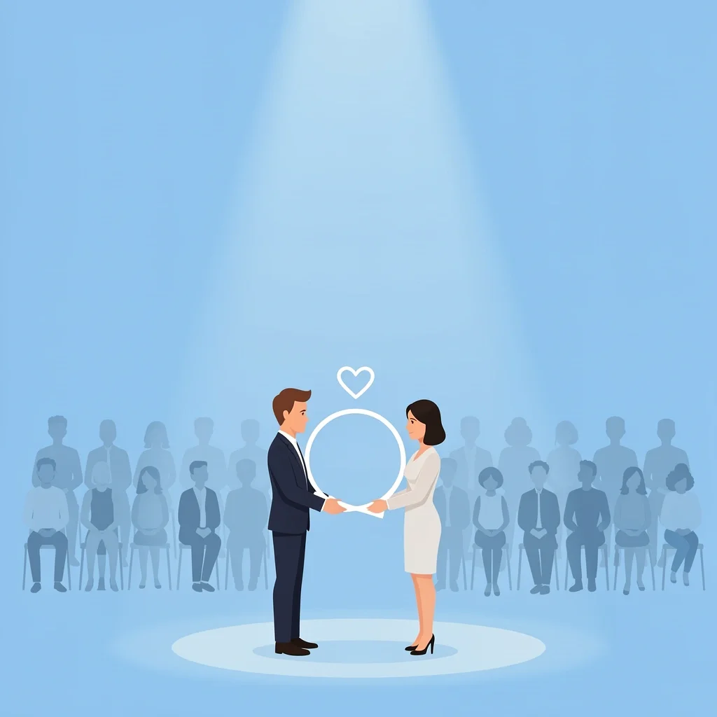 Couple on stage holding white ribbon circle under spotlight with guest silhouettes symbolizing public wedding vows