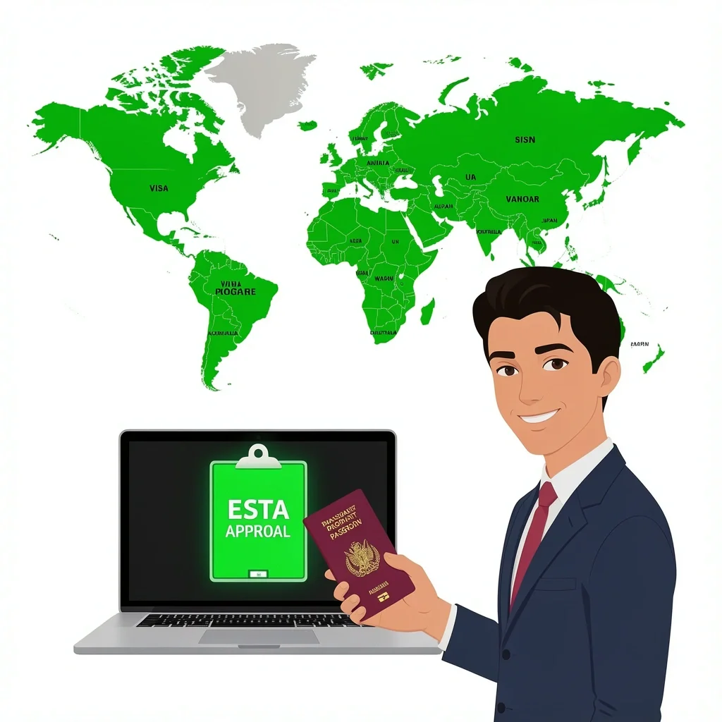 ESTA and Visa Waiver Program for Wedding Attendance World map with Visa Waiver countries and laptop showing ESTA approval for wedding attendance