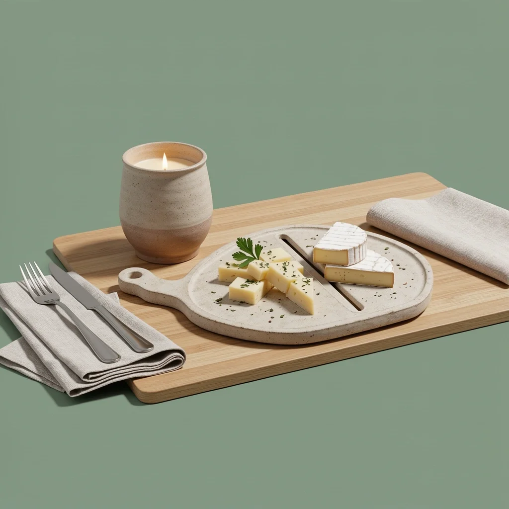 Hosting Essentials Etsy Favorites A holiday table setting with a handmade stoneware cheese board, linen napkins, and a hand-poured candle