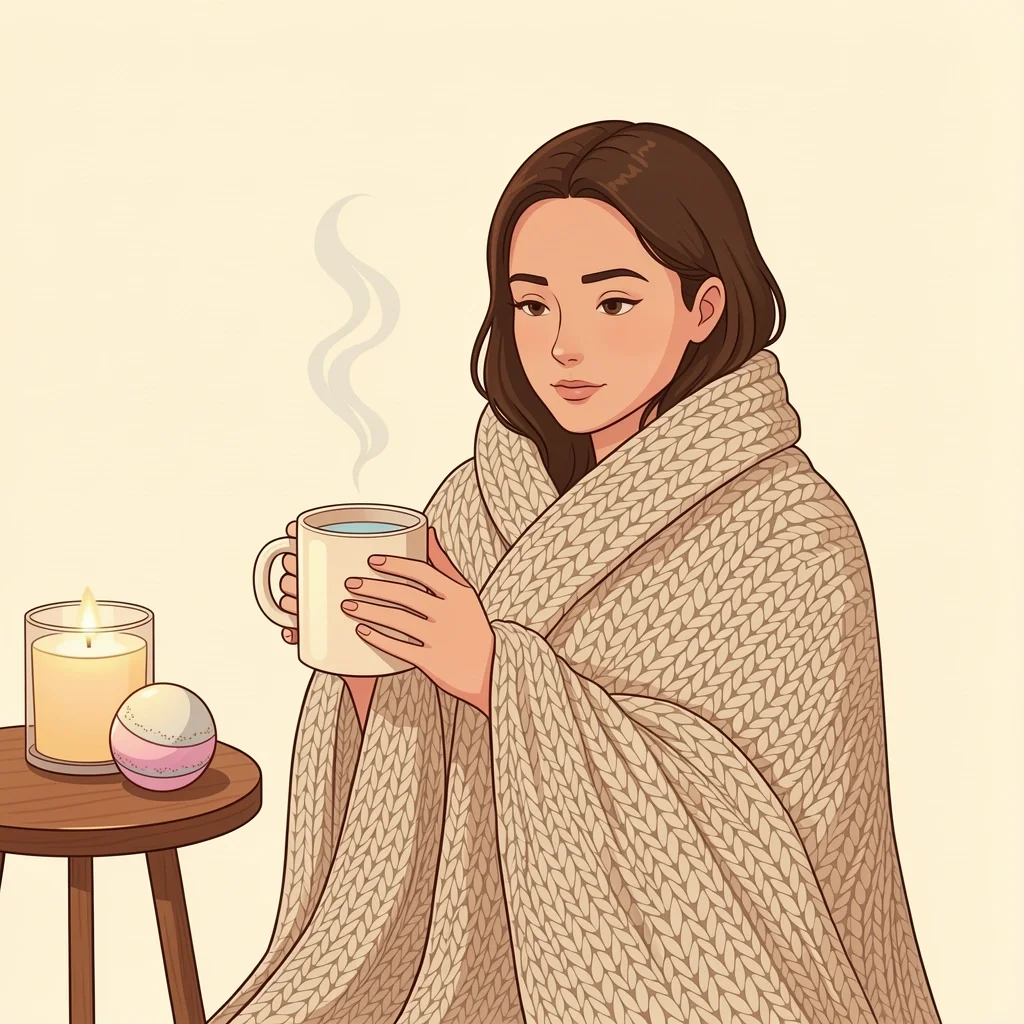 Self Care Cozy Season Etsy Favorites A person wrapped in a knit blanket holding a mug, with a candle and bath bomb on a side table