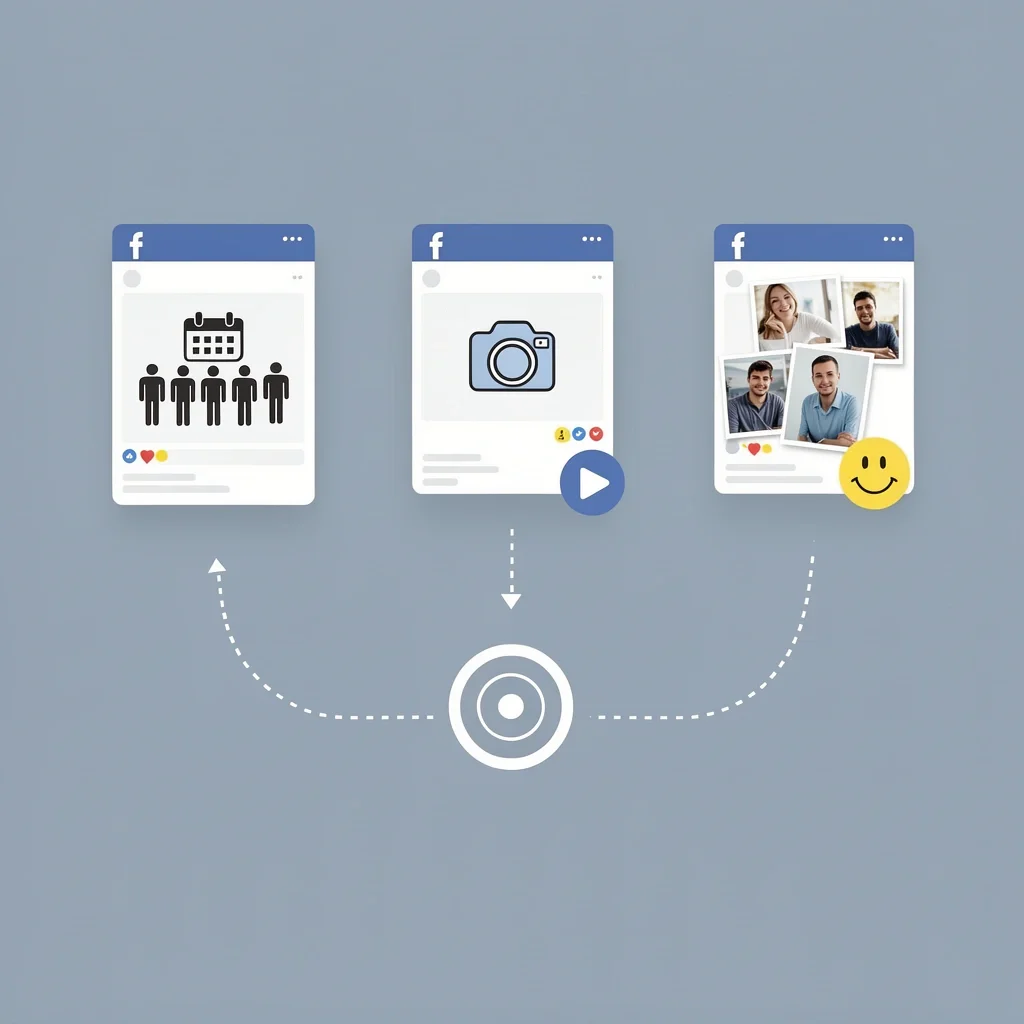Three floating cards representing Facebook formats: event page, wall post, and photo album connected by an arrow path