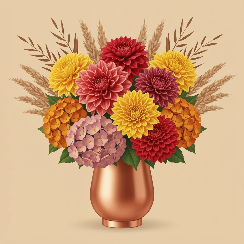 Fall Wedding Flower Bouquet Fall wedding bouquet with dahlias, chrysanthemums, and dried grasses in copper vase