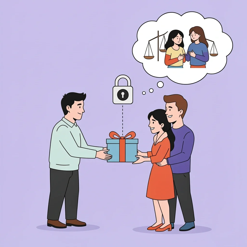 Handling Family Wedding Money Parents handing a gift box to a couple with a padlock icon symbolizing strings attached.