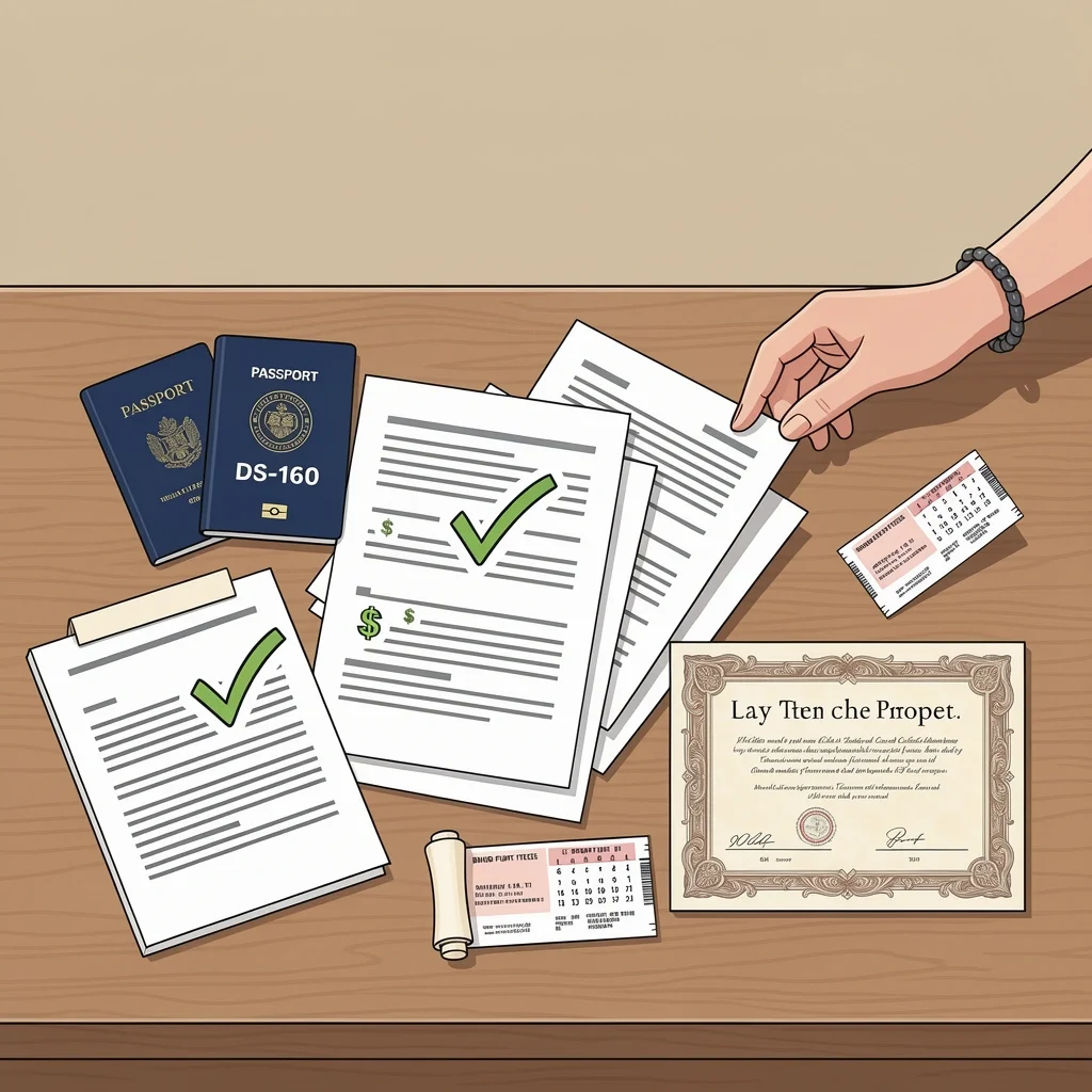 Documents Required for Family Wedding Visa Family visa applicant organizing essential documents: passport, DS-160, bank statements, property deed, and return ticket