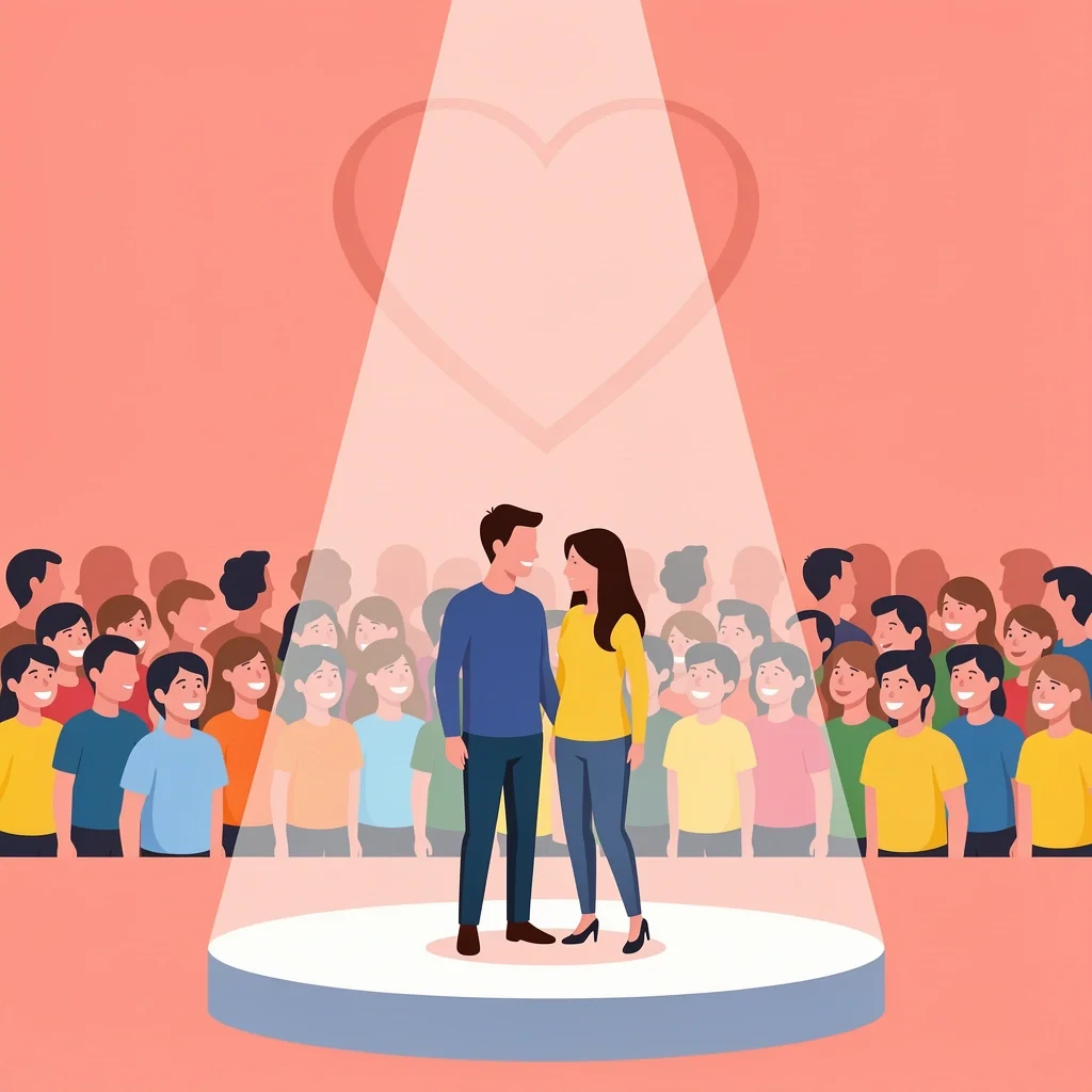 Wedding Decision Acceptance Couple on a podium under a spotlight with a diverse crowd and a heart above, symbolizing acceptance of differing reactions