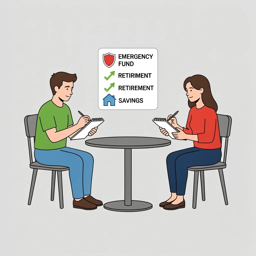 Financial Reality Check for Wedding Couple discussing their finances with a floating checklist of emergency fund, retirement, and savings.