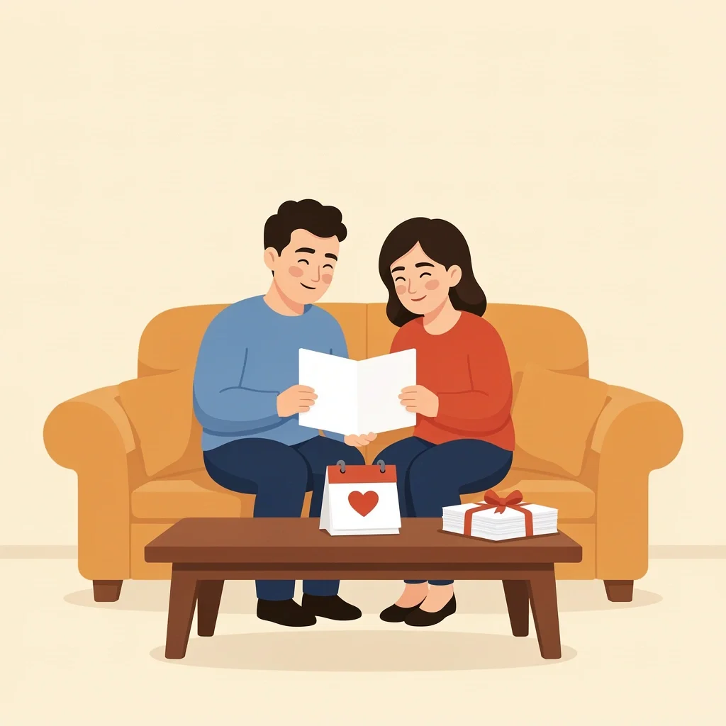 First Anniversary Card Reading Couple reading wedding cards on their first anniversary with a calendar showing the date