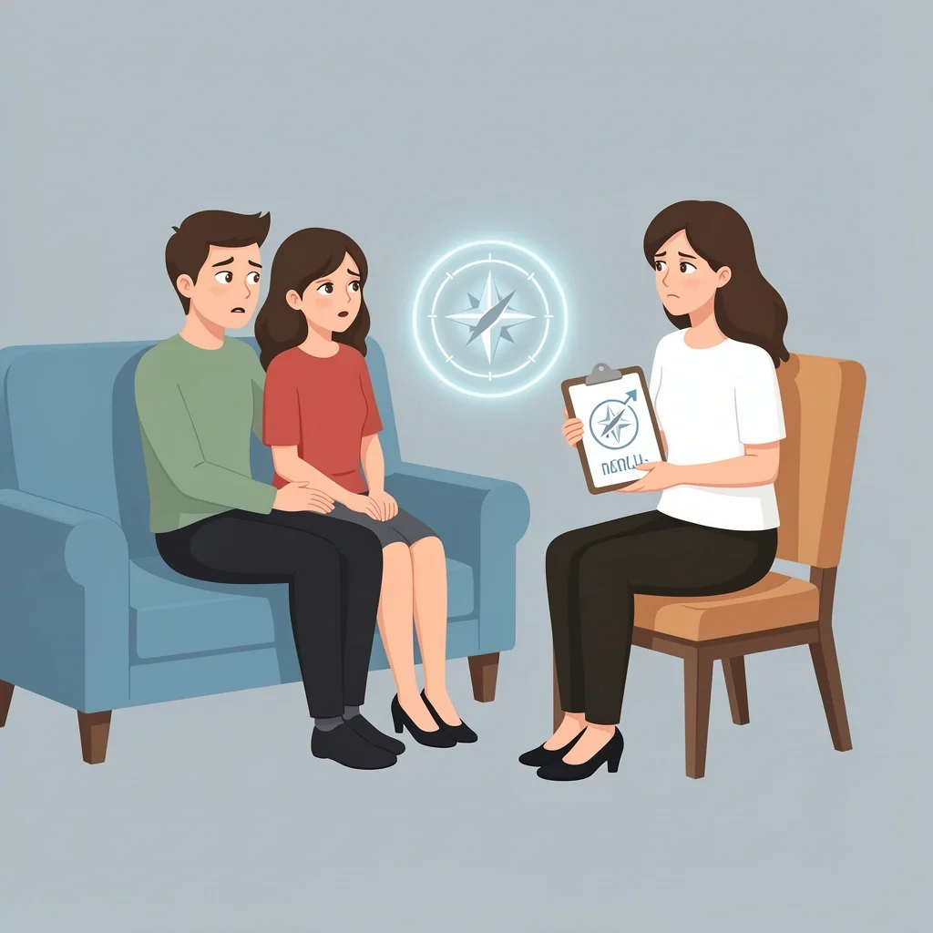 First Session of Marriage Counseling Couple and therapist in the first session with a glowing compass symbol between them representing exploration and direction