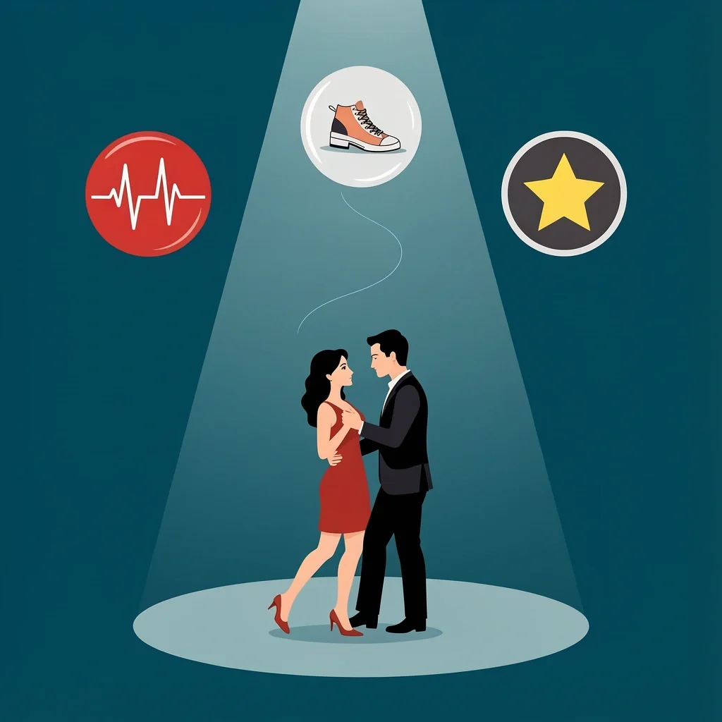First Dance Song Message A couple dancing under a spotlight with floating symbols representing different song meanings: lyrical, celebratory, and obscure.