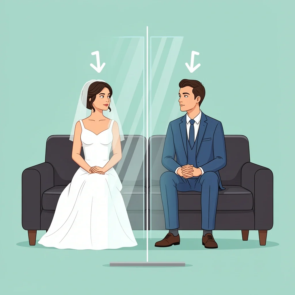 Hidden Pitfalls of First Year Marriage Newlywed couple on couch with glass wall and arrows showing conflicting expectations