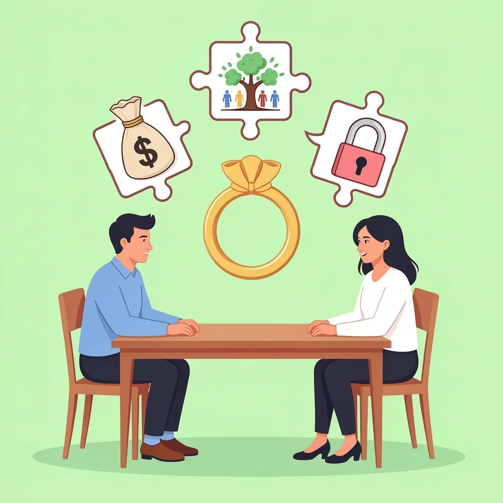 Hidden Factors in Wedding Guest List Decisions Five puzzle pieces representing financial, cultural, age, perception, and enforcement factors around a wedding ring