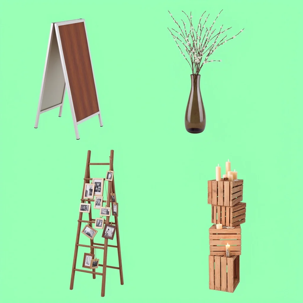 Floor-to-Table Wedding Decor Strategies Collage Collage of floor-to-table wedding decor: A-Frame sign, tall floor vase, ladder display, stacked crate columns.