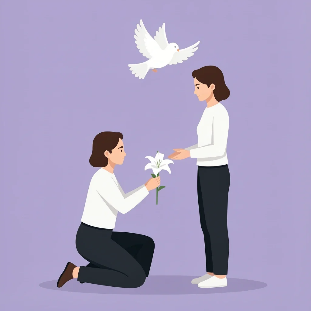 Marriage Forgiveness Symbol A kneeling person offering a lily to another with a dove above, symbolizing forgiveness