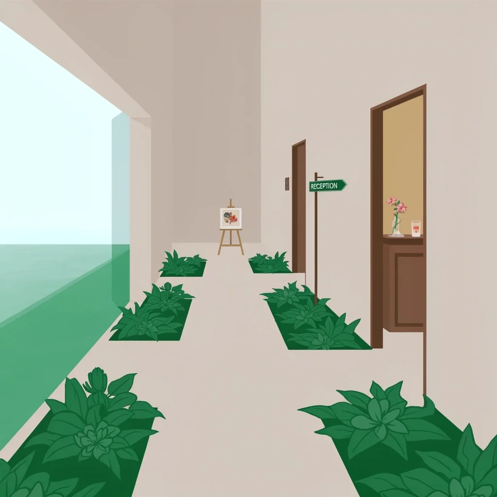 Forgotten Wedding Zones Hallway and Restroom Decor Decorated hallway with greenery floor arrangements, easel art, and directional sign, plus restroom upgrade with flower and candle.
