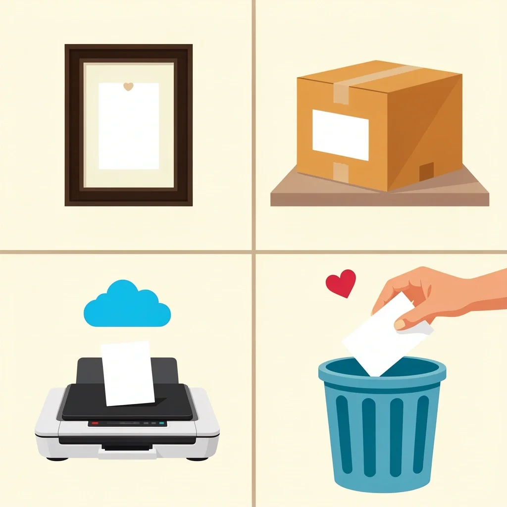 Four Wedding Card Options Four scenes showing display, storage, digital scanning, and recycling of wedding cards