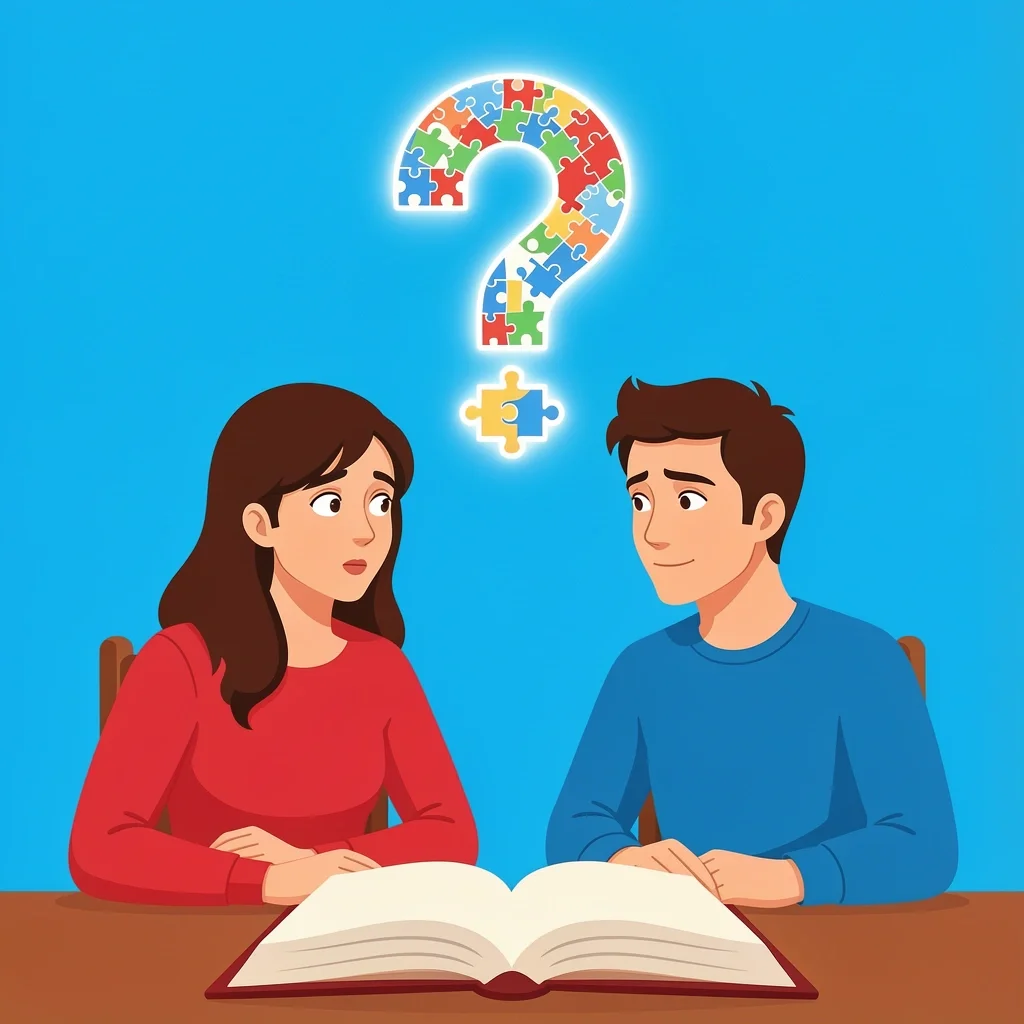 Frequently Asked Questions Devotionals Couple looking curiously at a floating puzzle question mark above a book